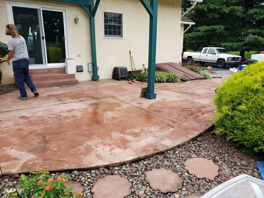 red stone patio and stepping stones