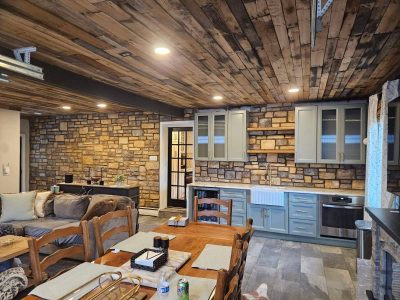 living room accent wall with stone brick veneer